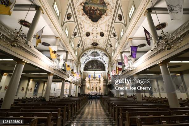 The ornate design of the St. Louis Cathedral is seen during the Ash Wednesday prayer and imposition of ashes on February 17, 2021 in New Orleans,...