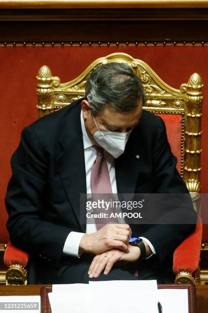 Italian Prime Minister Mario Draghi attends the debate ahead of the confidence vote on the new Italian government at the Italian Senate, on February...
