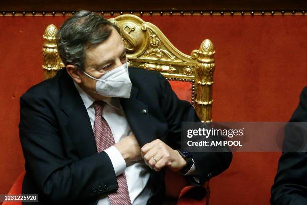 Italian Prime Minister Mario Draghi attends the debate ahead of the confidence vote on the new Italian government at the Italian Senate, on February...