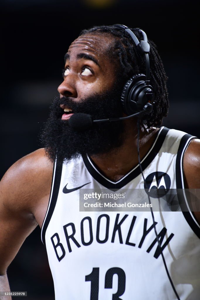 James Reed Nets James Harden of the Brooklyn Nets talks to the media after the game ...