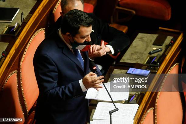 Leader of Lega, Matteo Salvini delivers his speech during the debate ahead of the confidence vote on the new Italian government at the Italian...