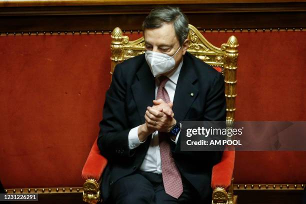 Italian Prime Minister Mario Draghi attends the debate ahead of the confidence vote on the new Italian government at the Italian Senate, on February...