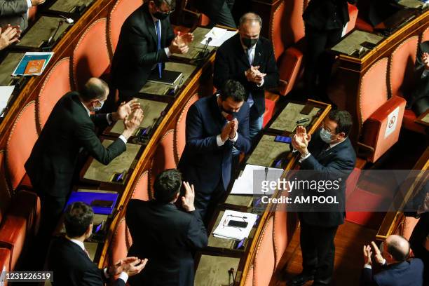 Leader of Lega, Matteo Salvini delivers his speech during the debate ahead of the confidence vote on the new Italian government at the Italian...