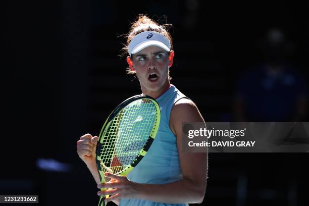 Jennifer Brady of the US reacts after a point against Czech Republic's Karolina Muchova during their women's singles semi-final match on day eleven...