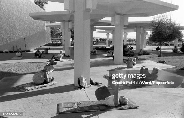 Keep-fit class at Sun City retirement community in Phoenix, Arizona, USA, circa November 1980. From a series of documentary images produced during a...