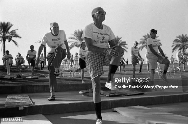 Keep-fit class at Sun City retirement community in Phoenix, Arizona, USA, circa November 1980. From a series of documentary images produced during a...