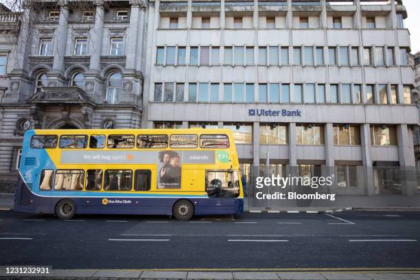 Bus at a stop outside the Ulster Bank offices on College Green in Dublin, Ireland, on Wednesday, Feb. 17, 2021. NatWest Group Plc is close to...