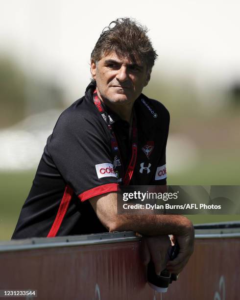 Adrian Dodoro, List Manager of the Bombers looks on during a Essendon Bombers training session at The Hangar on February 18, 2021 in Melbourne,...