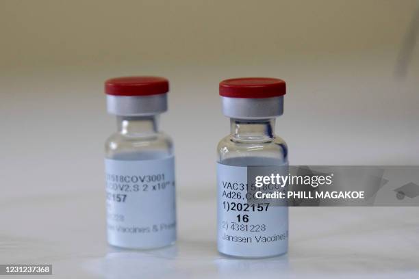 Johnson & Johnson vaccine vials against the COVID-19 coronavirus are seen at the Klerksdorp Hospital as South Africa proceeds with its inoculation...