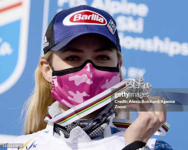 Mikaela Shiffrin of USA wins the silver medal during the FIS Alpine Ski World Championships Women's Giant Slalom on February 18, 2021 in Cortina...