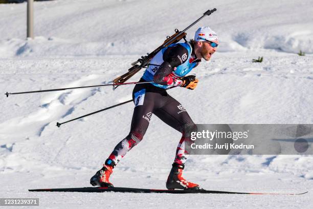 Julia Simon Eder of Austria competes during the Single Mixed Relay at the IBU World Championships Biathlon Pokljuka at Rudno Polje, Pokljuka, on...