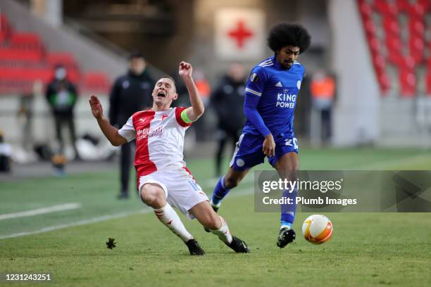 Hamza Choudhury of Leicester City in action with Jan Boil of Slavia Prague during the UEFA Europa League Round of 32 match between Slavia Prague and...