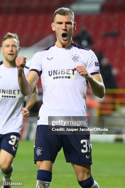 Borna Barisic of Rangers celebrates scoring their 2nd goal from the penalty spot during the UEFA Europa League Round of 32 match between Royal...