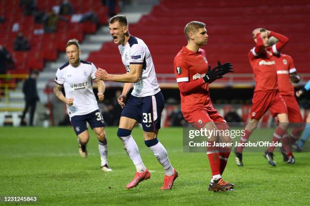 Borna Barisic of Rangers celebrates scoring their 2nd goal from the penalty spot during the UEFA Europa League Round of 32 match between Royal...