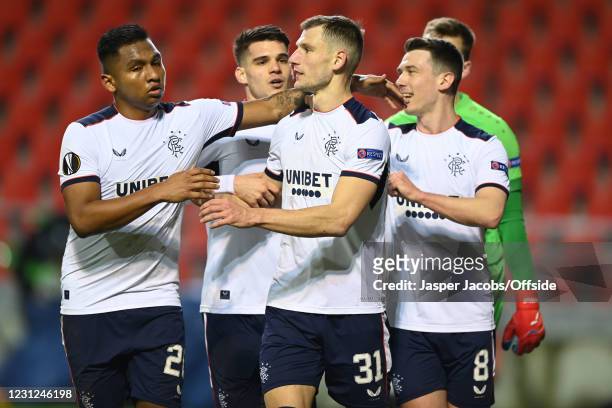 Borna Barisic of Rangers celebrates scoring their 4th and the winning goal from the penalty spot during the UEFA Europa League Round of 32 match...
