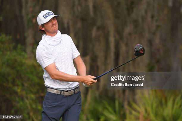 Will Wilcox watches his shot on the fourth tee box during the first round of the LECOM Suncoast Classic at Lakewood National Golf Club Commander...