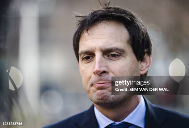 Dutch outgoing Minister of Finance Wopke Hoekstra speaks to the press at the Binnenhof in The Hague, prior to a meeting of the Ministerial Committee...