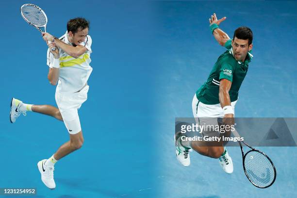 Novak Djokovic of Serbia plays a backhand in his Men's Singles Quarterfinals match against Alexander Zverev of Germany during day nine of the 2021...