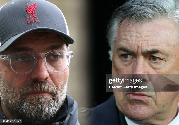 In this composite image a comparison has been made between Jurgen Klopp, Manager of Liverpool and Carlo Ancelotti, Manager of Everton. Liverpool and...