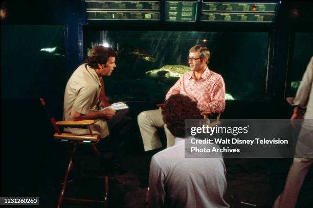 Peter Jennings interviewing Peter Benchley, behind the scenes, making of the ABC News special 'Shark ... Terror, Death, Truth'.