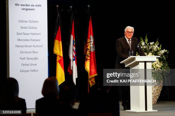 German President Frank-Walter Steinmeier delivers a speech during commemorations to honour the victims a year after the deadly shootings, in Hanau,...
