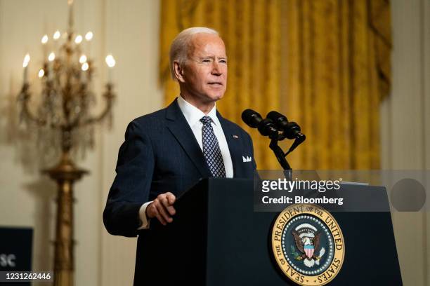 President Joe Biden speaks while addressing the virtual Munich Security Conference in the East Room of the White House in Washington, D.C., U.S., on...