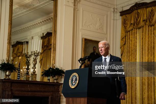 President Joe Biden speaks while addressing the virtual Munich Security Conference in the East Room of the White House in Washington, D.C., U.S., on...