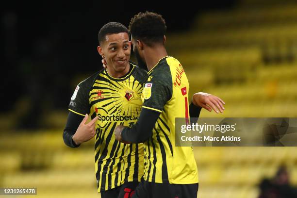 Joao Pedro of Watford celebrates scoring the opening goal with Nathaniel Chalobah during the Sky Bet Championship match between Watford and Derby...