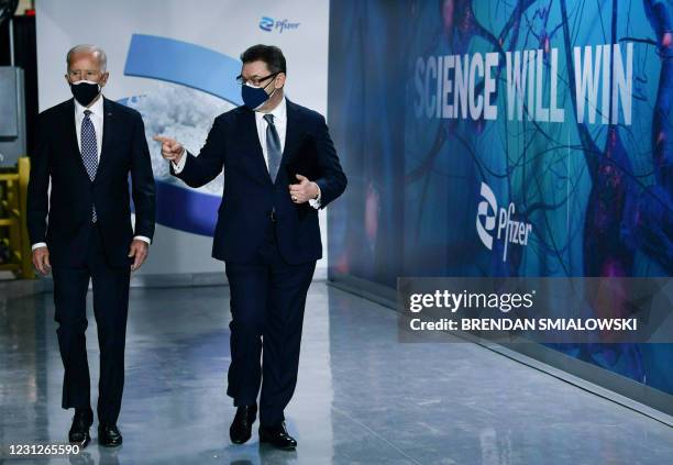 President Joe Biden with Albert Bourla, CEO of Pfizer, tours the Pfizer Kalamazoo Manufacturing Site February 19 in Portage, Michigan.