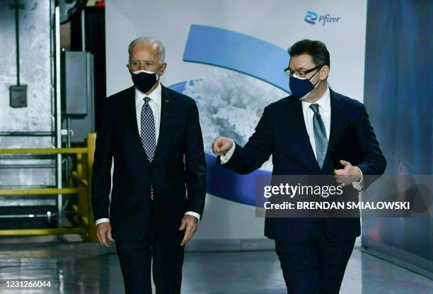 President Joe Biden with Albert Bourla, CEO of Pfizer, tours the Pfizer Kalamazoo Manufacturing Site February 19 in Portage, Michigan.