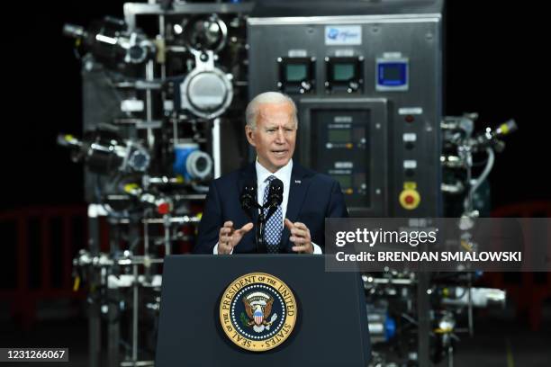 President Joe Biden speaks at the Covid-19 vaccine Pfizer Kalamazoo Manufacturing Site on February 19 in Portage, Michigan.