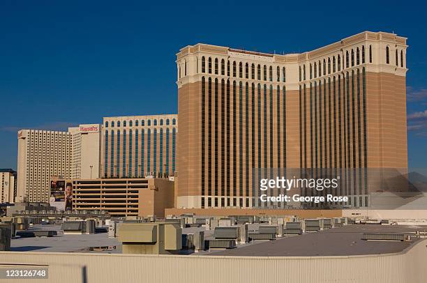 The Sands Expo and Convention Center and the Venetian Hotel & Casino are seen at sunrise on August 12 in Las Vegas, Nevada. With tourism slowly...