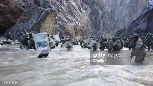 This video frame grab taken from footage recorded in mid-June 2020 and released by China Central Television on February 20, 2021 shows Indian...