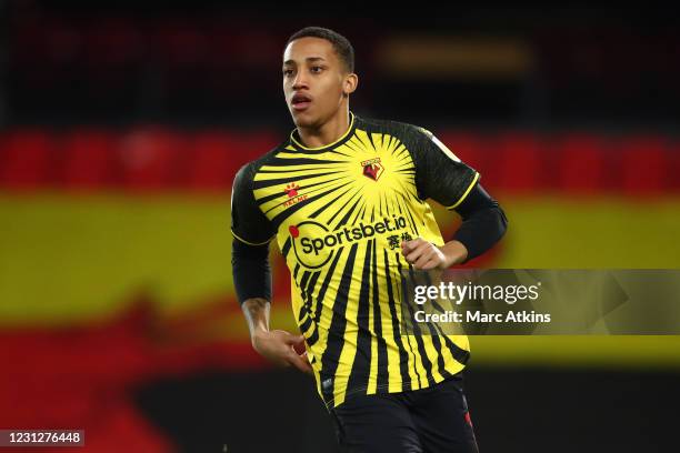 Joao Pedro of Watford during the Sky Bet Championship match between Watford and Derby County at Vicarage Road on February 19, 2021 in Watford,...