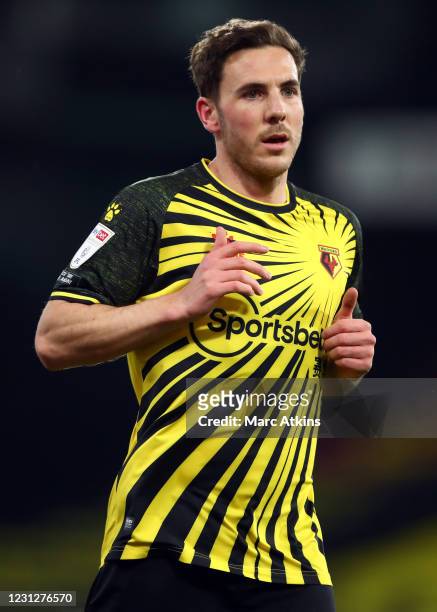 Dan Gosling of Watford during the Sky Bet Championship match between Watford and Derby County at Vicarage Road on February 19, 2021 in Watford,...
