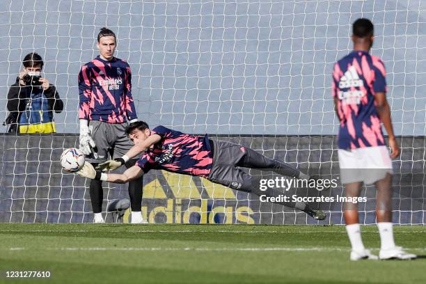 Andriy Lunin of Real Madrid, Diego Altube of Real Madrid during the La Liga Santander match between Real Madrid v Valencia at the Estadio Alfredo Di...