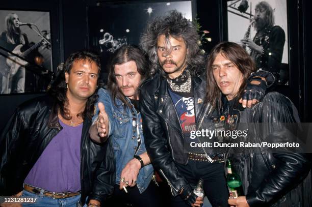 English rock band Motorhead Phil "Wizzo" Campbell, Lemmy, Phil "Philthy Animal" Taylor and Michael "Wurzel" Burston during a press conference to...