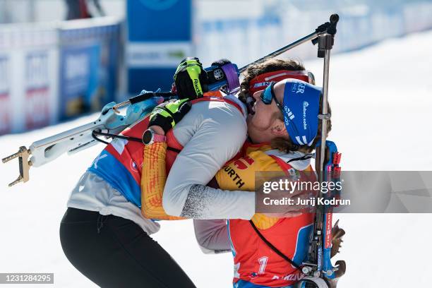 Franziska Preuss and Denise Herrmann of Germany celebrate after the Women 4x6 km Relay Competition at the IBU World Championships Biathlon Pokljuka...