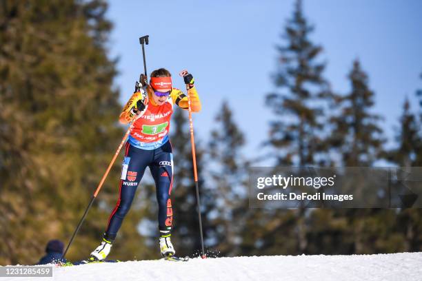 Janina Hettich of Germany in action competes during the Men 4x7.5 km Relay Competition at the IBU World Championships Biathlon Pokljuka on February...