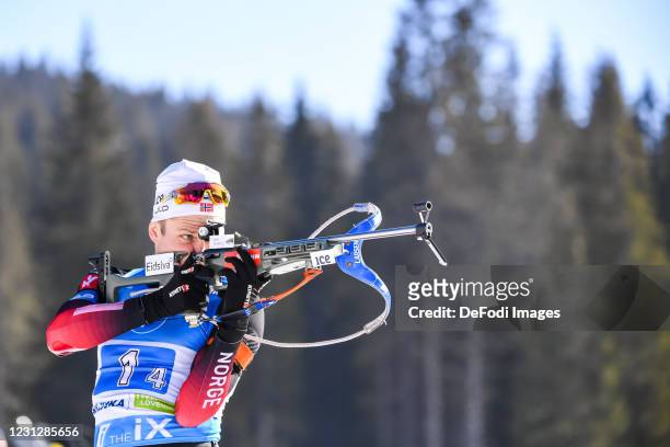 Vetle Sjaastad Christiansen of Norway at the shooting range during the Men 4x7.5 km Relay Competition at the IBU World Championships Biathlon...
