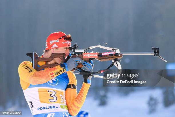 Arnd Peiffer of Germany at the shooting range during the Men 4x7.5 km Relay Competition at the IBU World Championships Biathlon Pokljuka on February...