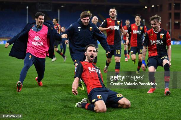 Milan Badelj of Genoa CFC celebrates after scoring the second goal of his team with team mates during the Serie A match between Genoa CFC and Hellas...