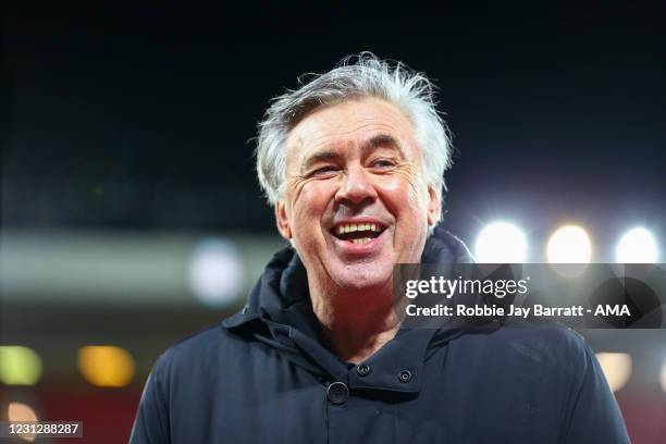 Carlo Ancelotti the head coach / manager of Everton during the Premier League match between Liverpool and Everton at Anfield on February 20, 2021 in...