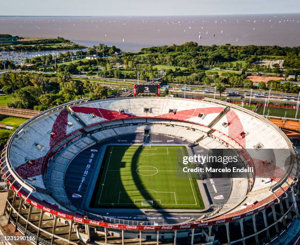 Aerial view of Estadio Monumental Antonio Vespucio Liberti before a match between River Plate and Rosario Central as part of Copa De La Liga...