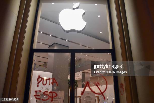 Facade of the official Apple store in Barcelona damaged during the demonstration. Protesters demonstrated for the Fifth day after rapper Pablo Hasél...