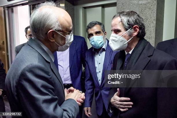 Grab from an AFPTV video taken on February 21, 2021 shows the head of the Atomic Energy Organisation of Iran Ali Akbar Salehi and AEIO spokesman...