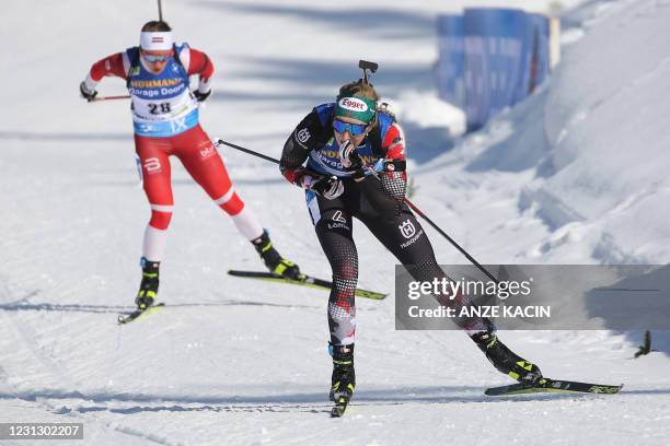 Austria's Lisa Theresa Hauser competes in the Women's 12,5 km Mass Start event at the IBU Biathlon World Championships in Pokljuka, Slovenia, on...