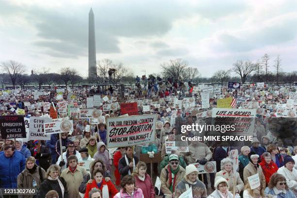 Anti-abortion demonstrators march from the Washington Monument to the Supreme Court on the 15th anniversary of the controversial Roe vs Wade...