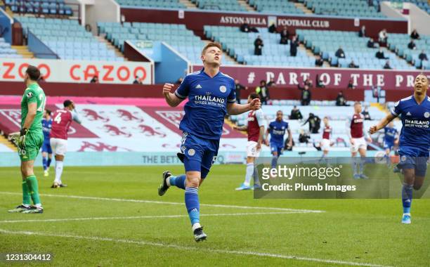 Harvey Barnes of Leicester City celebrates after scoring to make it 0-2 during the Premier League match between Aston Villa and Leicester City at...