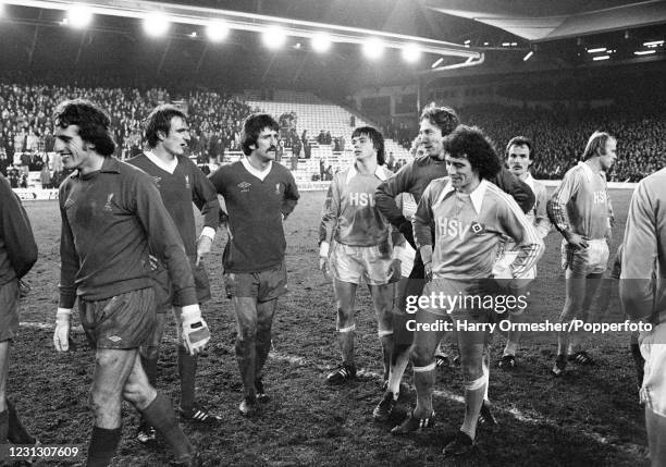 Liverpool players Phil Thompson and David Johnson speaking with former teammate Kevin Keegan of Hamburger SV as they wait for the medal presentation...